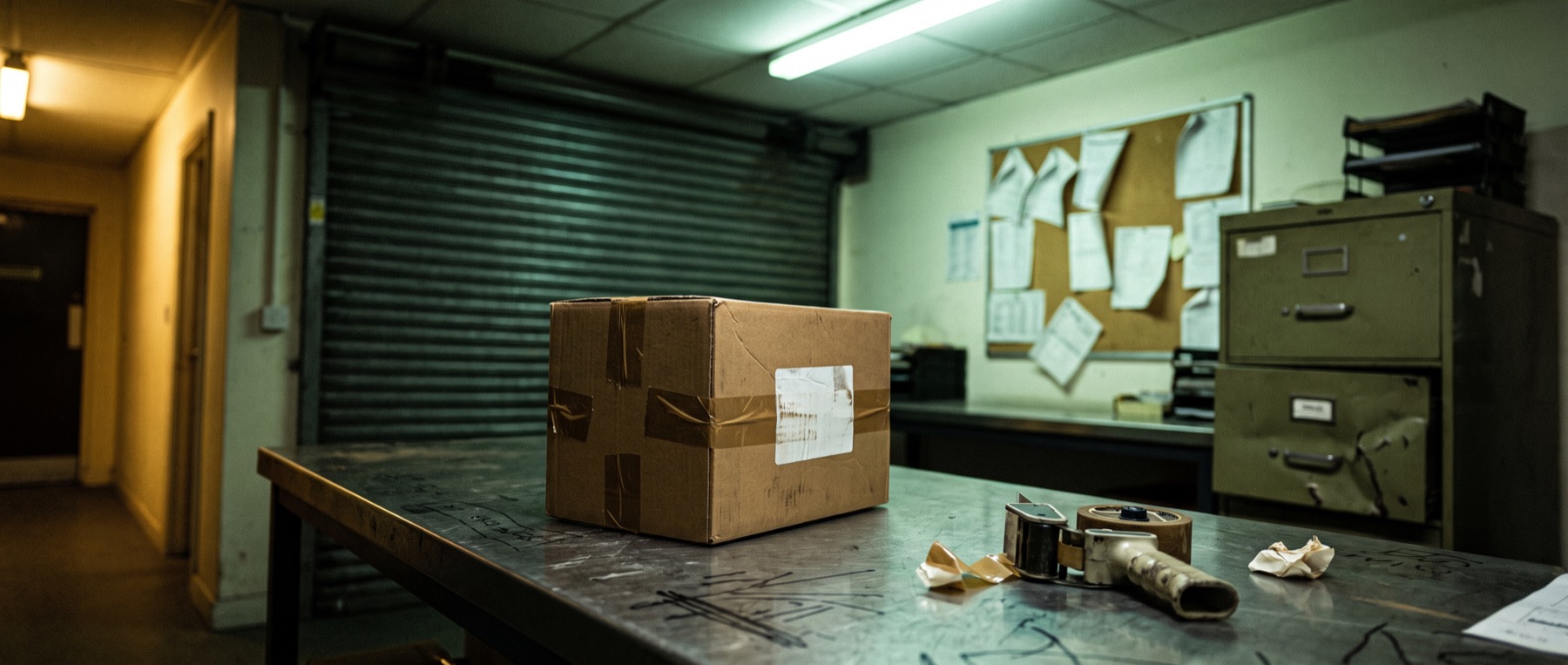 A packed and labelled carton alone on a steel bench in a dark dispatch office, roller shutter down behind it.