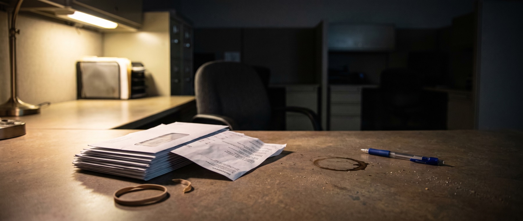 A stack of unopened window envelopes on an accounts desk at night, one slid half out of the pile, a snapped rubber band and a coffee ring beside them, empty chair behind.